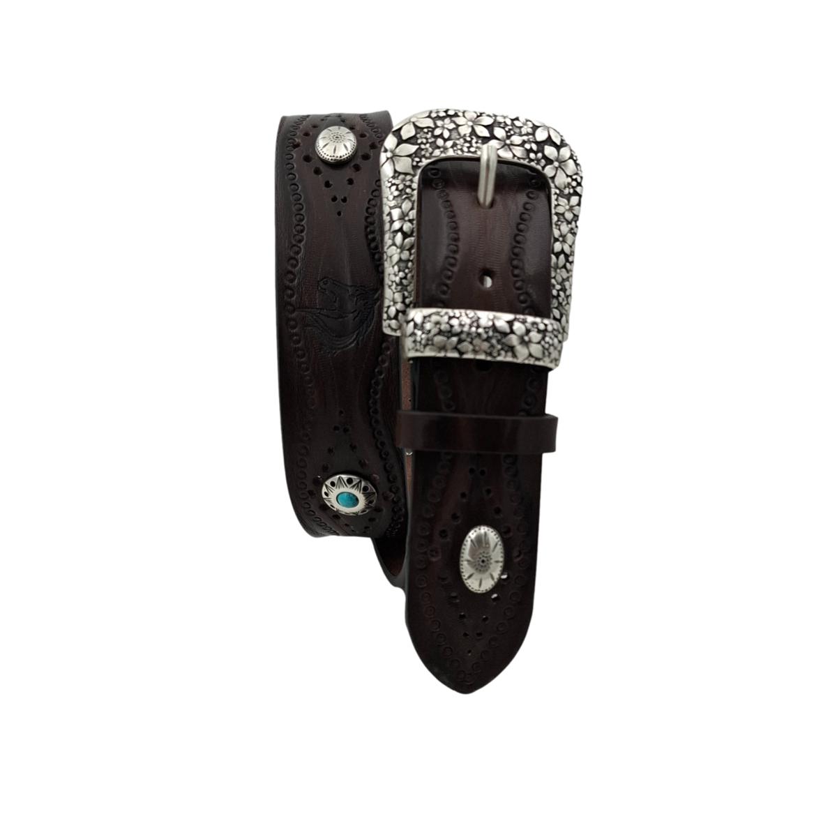 Pegaso - Cintura in cuoio 4 cm con borchie ,fantasie di cavalli , passante e fibbia metallici - ESPERANTOBELTS