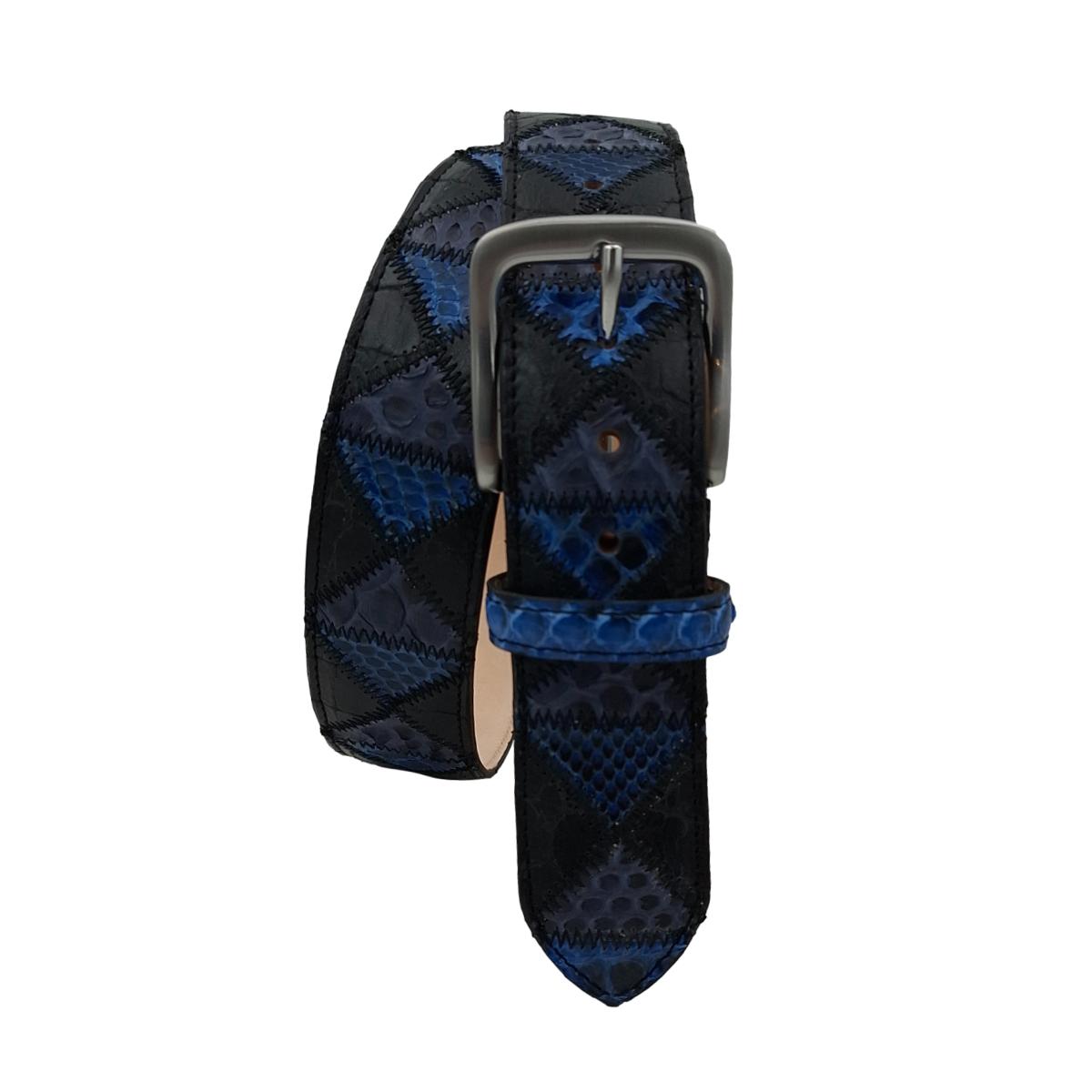Blue Pyramid - Cintura 4 cm Patchwork a Triangoli Blu in Pitone con Fibbia in Ottone