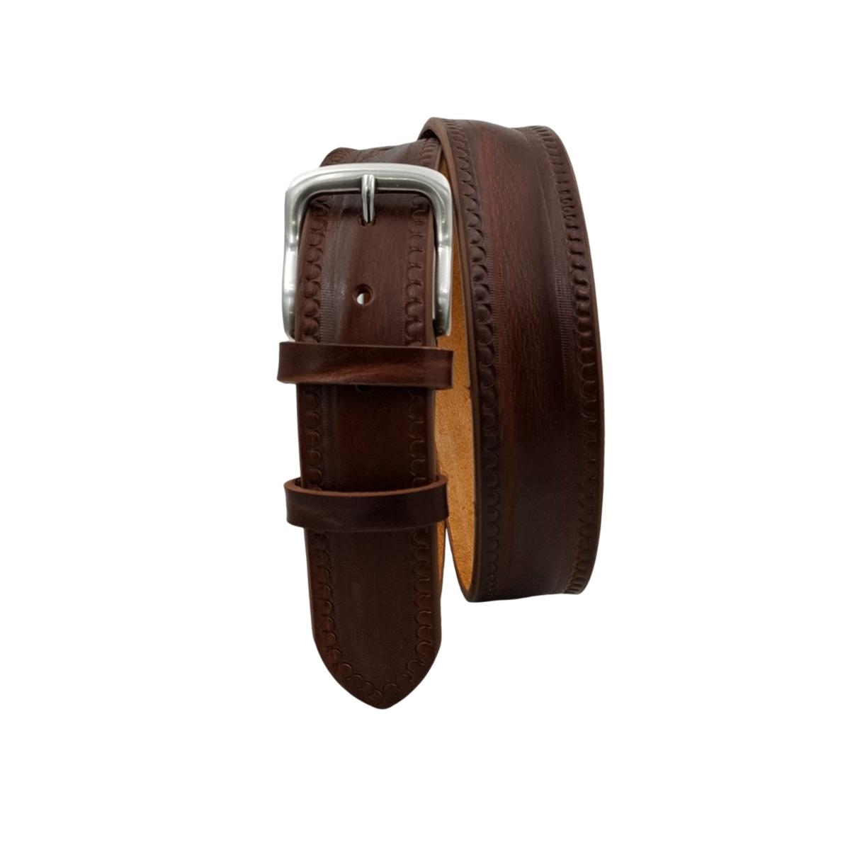 Texas - Cintura 4 cm in cuoio di toro con contorni lavorati a mano e fibbia satinata