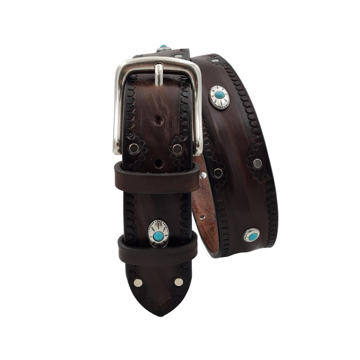 Santorini - Cintura 4 cm in cuoio ricamato con borchie celesti e fibbia in ottone - ESPERANTOBELTS