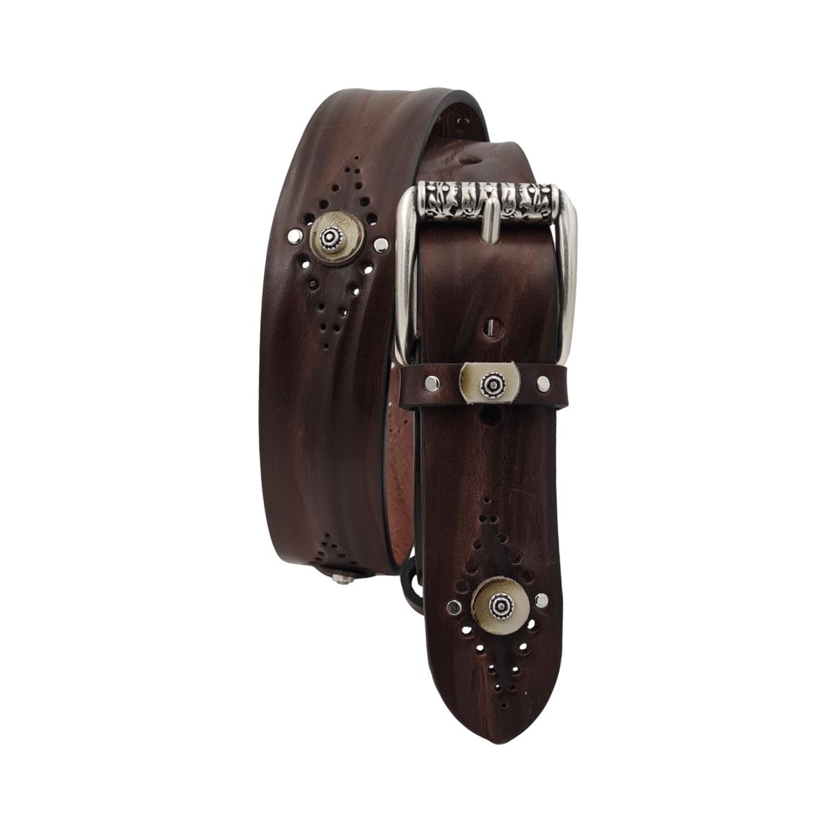Cintura 4 cm in vero cuoio di toro con vitello anticato , borchie ,fori e fibbia a rullo lavorata - ESPERANTOBELTS