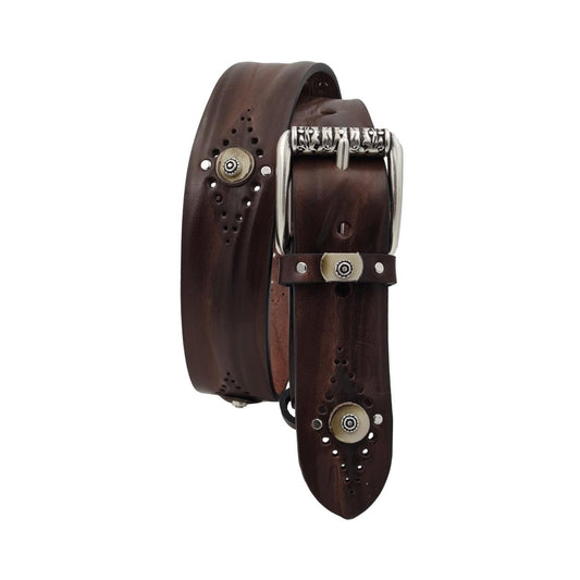 Cintura 4 cm in vero cuoio di toro con vitello anticato , borchie ,fori e fibbia a rullo lavorata - ESPERANTOBELTS