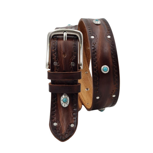 Santorini - Cintura 4 cm in cuoio Rum ricamato con borchie celesti e fibbia in ottone