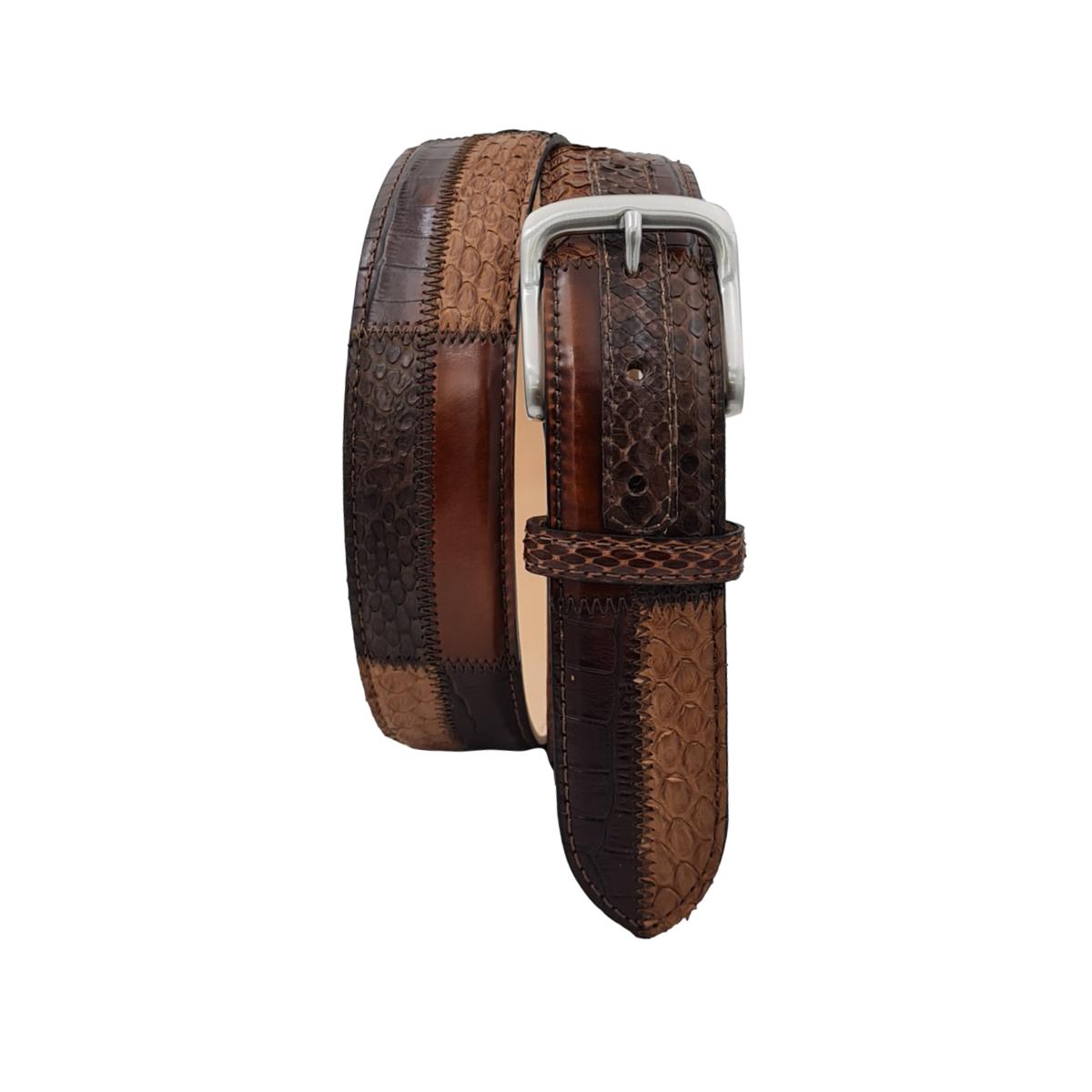 Cintura Nocciola Patchwork 4 cm in vero pitone e cuoio anticato