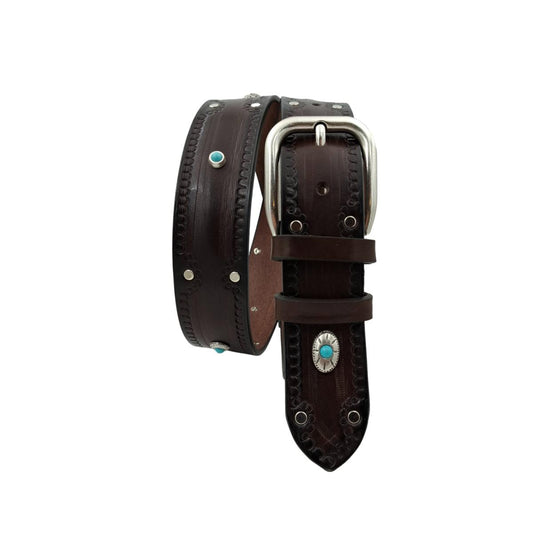 Bellagio - Cintura 4 cm in cuoio di toro con borchie argentate e pietre celesti - ESPERANTOBELTS