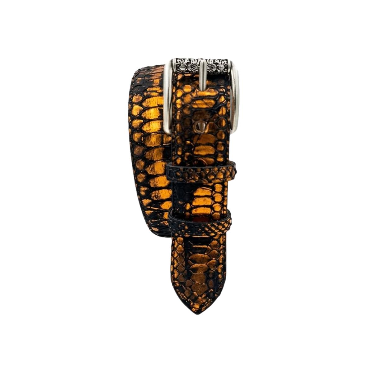 Orange Back Cut - Cintura 4 cm in pitone con taglio Back Cut arancio metallizzato con fibbia a rullo ricamato