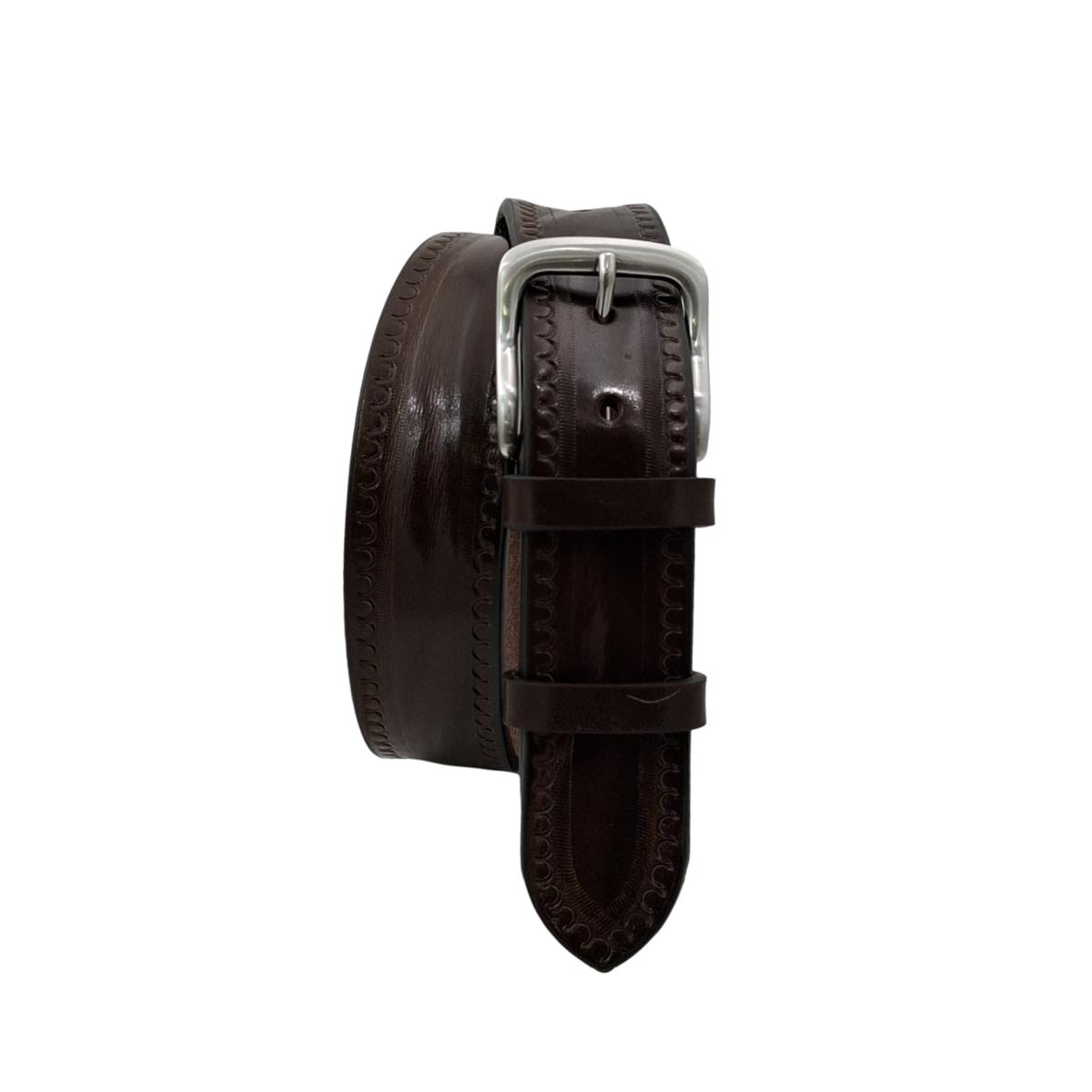 Texas - Cintura 4 cm in cuoio di toro con contorni lavorati a mano e fibbia satinata