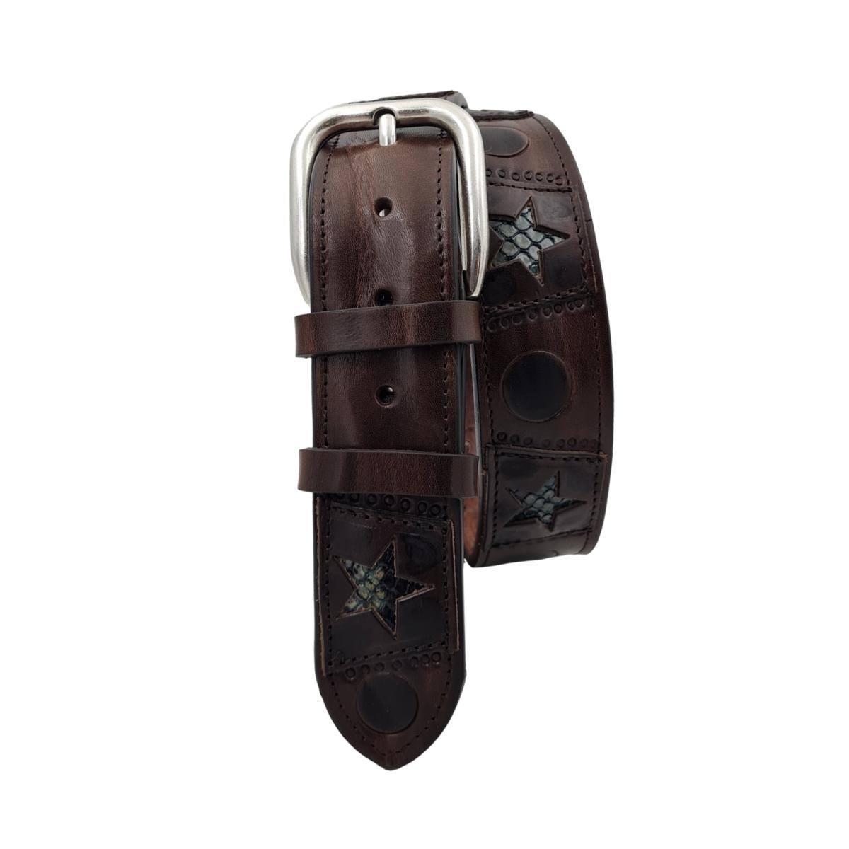 Hollywood - Cintura 4 cm in vero cuoio con inserti in pitone a stella e fibbia in ottone