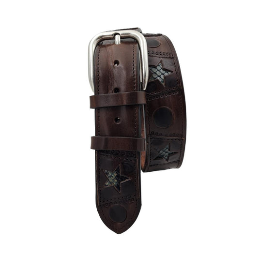 Hollywood - Cintura 4 cm in vero cuoio con inserti in pitone a stella e fibbia in ottone