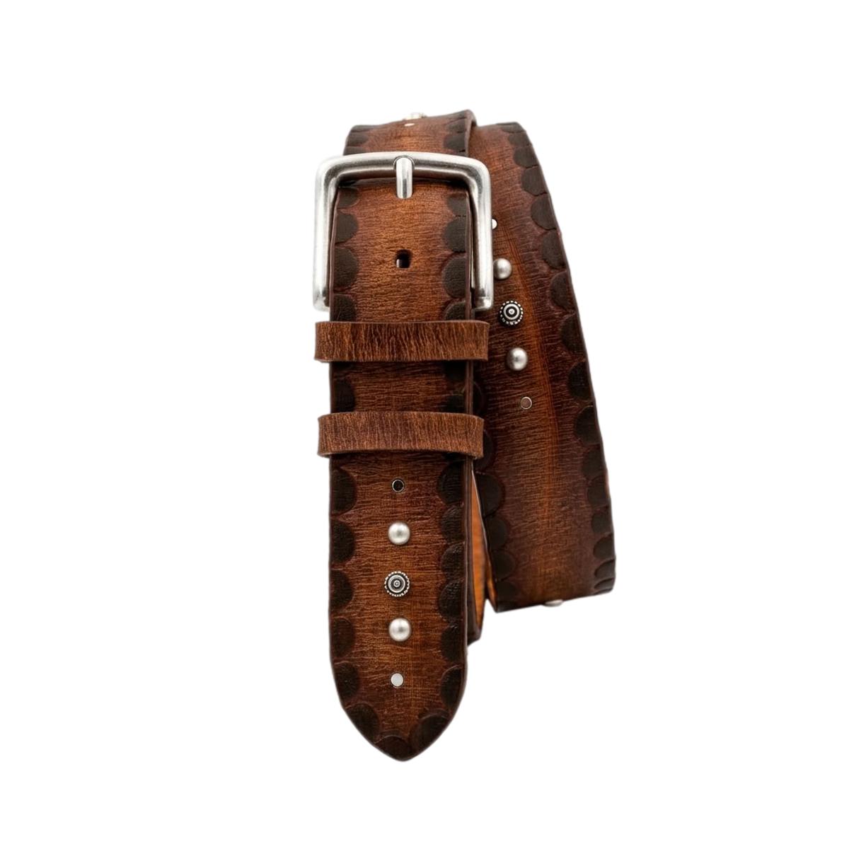Bohémien Rustic - Cintura 4 cm in cuoio Cognac smerigliato,bordi a contrasto e borchie metalliche