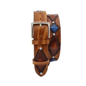 Cancùn - Cintura Miele 4 cm in cuoio con rombi anticati , borchie e ricami in pitone azzurri