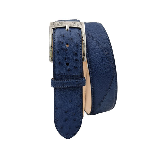 Cintura 4 cm Avio con Patchwork Piramidale in vera pelle di struzzo con fibbia lavorata - ESPERANTOBELTS