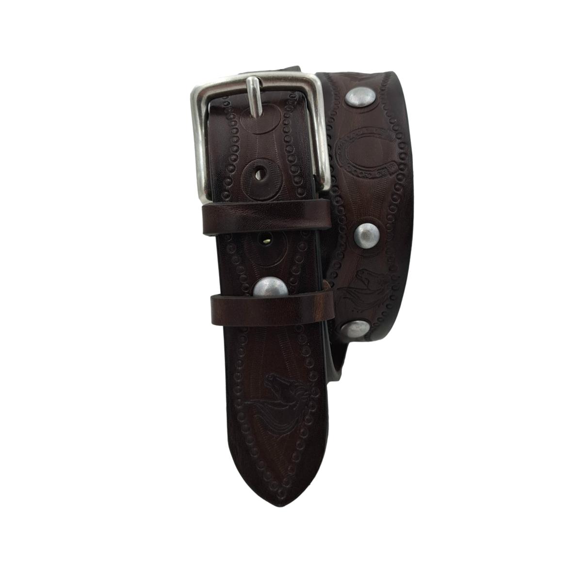 Horses & Hooves - Cintura in cuoio 4 cm con borchie metalliche e fantasie di cavalli e ferri di cavallo - ESPERANTOBELTS