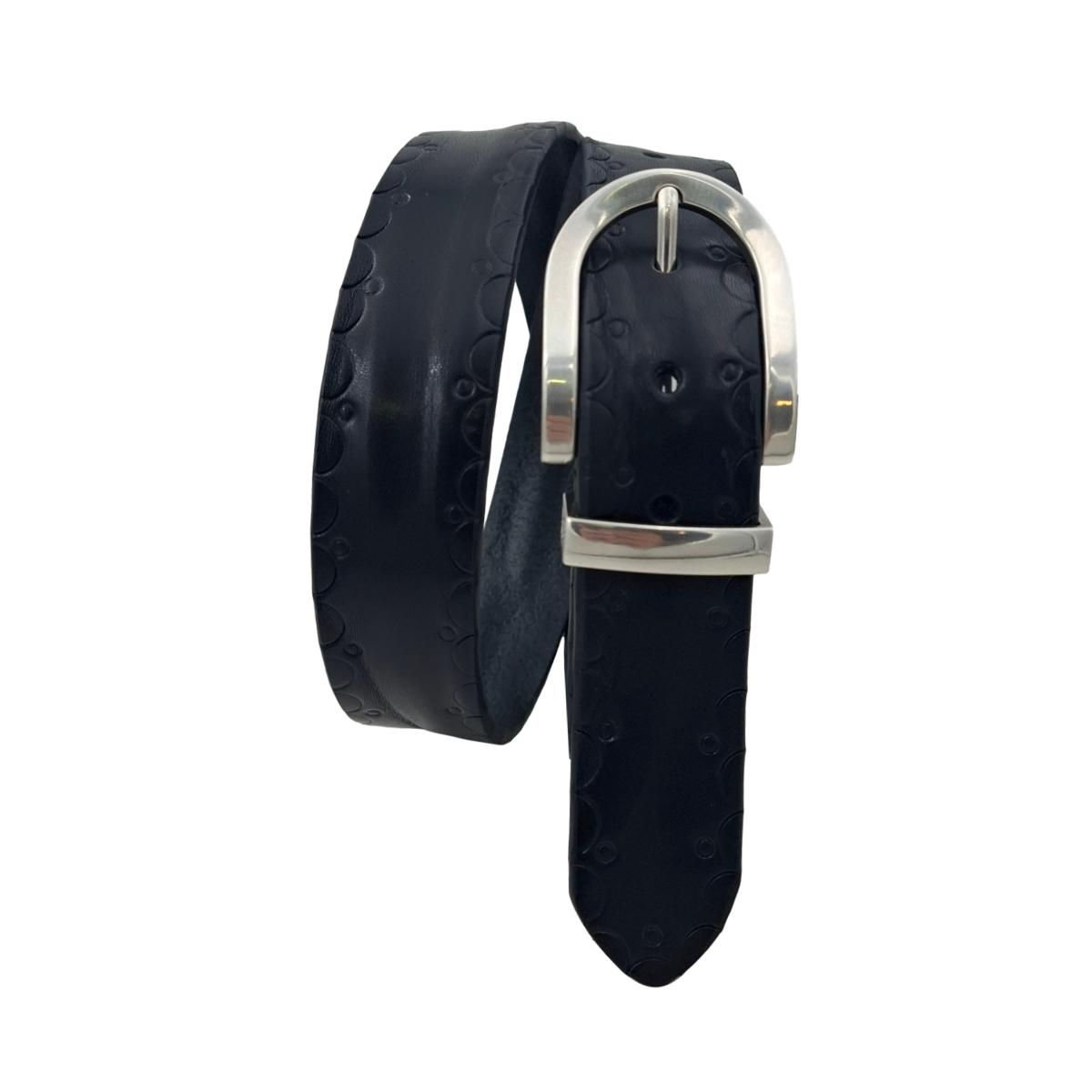 Cintura 3,5 cm in cuoio Nero con  fibbia e Passante metallico con fantasie tribali