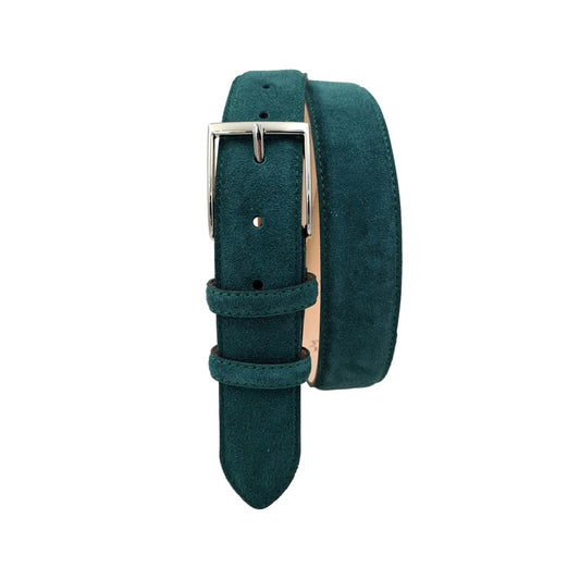 Cintura scamosciata 3,5 cm Verde Pino con fibbia argentata nichel free