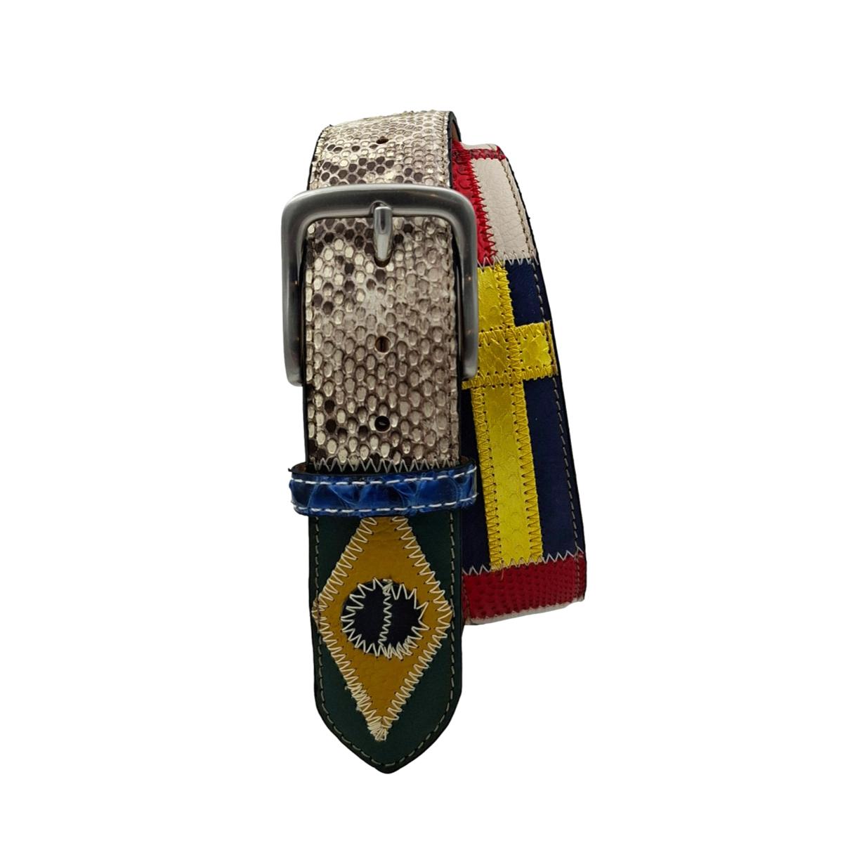 Cintura 4 cm multicolore In Pitone e struzzo con fantasia di bandiere del mondo , fibbia anallergica