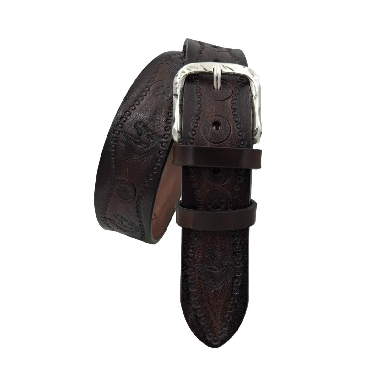Andalusia - Cintura 4 cm colore Moro in cuoio di toro con fantasie di cavalli e fibbia lavorata - ESPERANTOBELTS