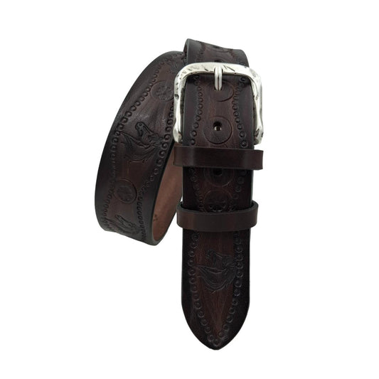 Andalusia - Cintura 4 cm colore Moro in cuoio di toro con fantasie di cavalli e fibbia lavorata - ESPERANTOBELTS