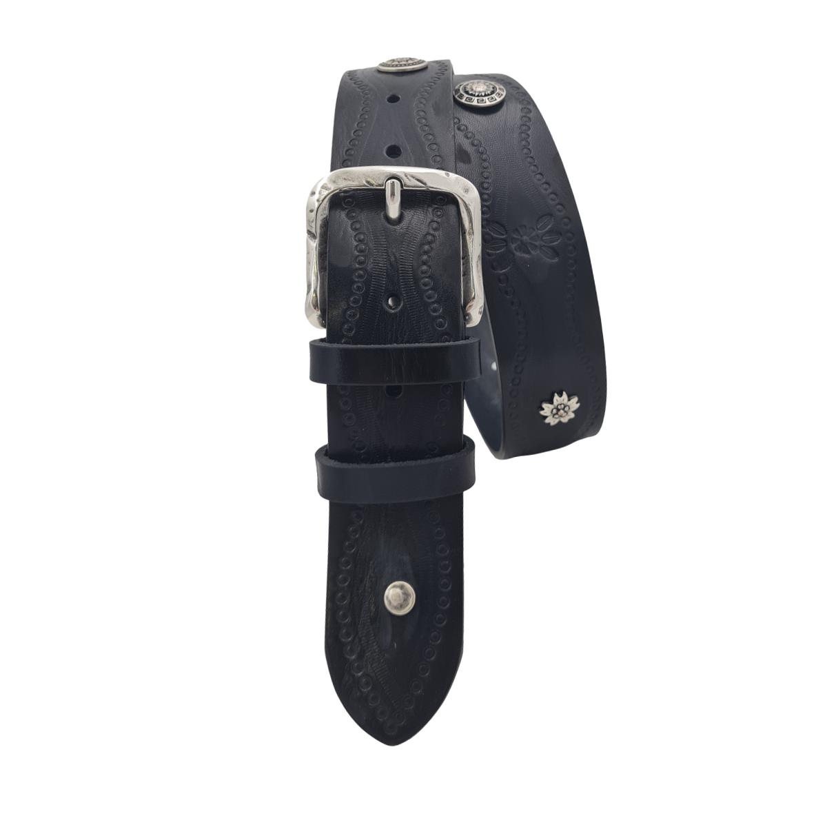 Cintura 4 cm Nera in cuoio grinzato con fibbia lavorata , borchie metalliche e fantasie disegnate a mano