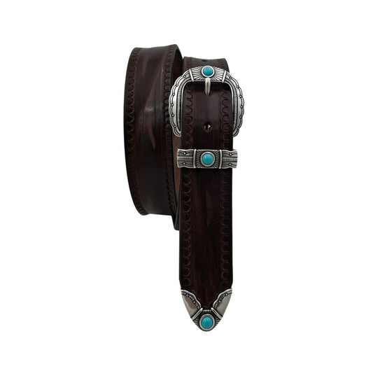 Azteca - Cintura 3,5 cm in vero cuoio Moro con puntale e passante metallici e pietre celesti (versione liscia)