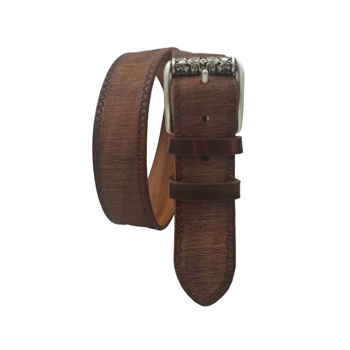 Rustic - Cintura 4 cm in cuoio di toro cognac smerigliato con fibbia a rullo lavorato