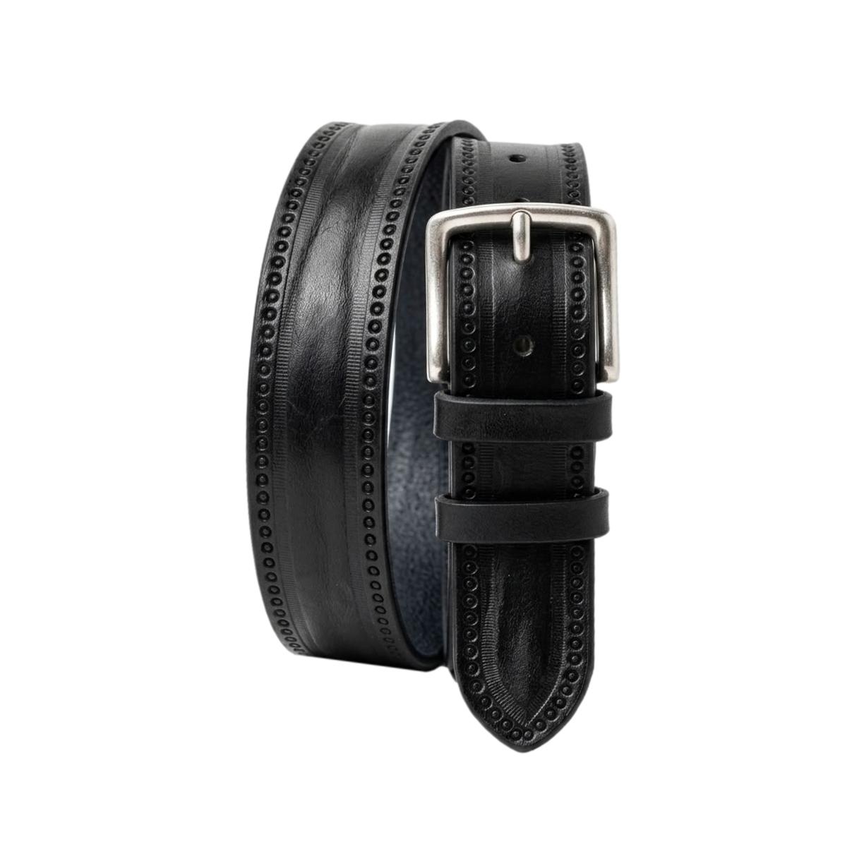 Cintura 4 cm in vero cuoio Nero ricamato e fibbia in vero ottone cucita a mano