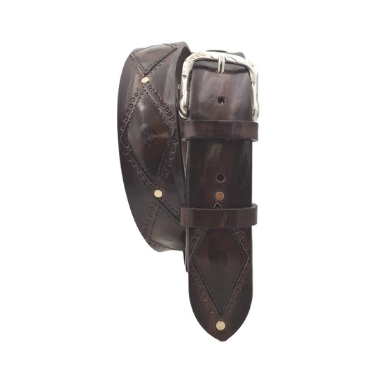 Antiqued Rhombus - Cintura 4 cm in Cuoio con rombi sfumati a mano con fibbia lavorata