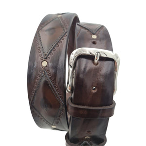 Antiqued Rhombus - Cintura 4 cm in Cuoio con rombi sfumati a mano con fibbia lavorata