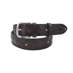 Antiqued Rhombus - Cintura 4 cm in Cuoio con rombi sfumati a mano con fibbia lavorata