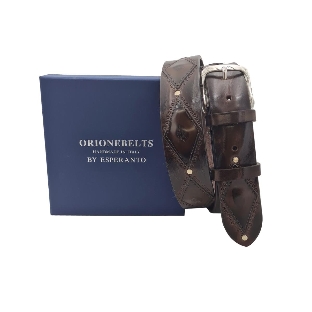 Antiqued Rhombus - Cintura 4 cm in Cuoio con rombi sfumati a mano con fibbia lavorata