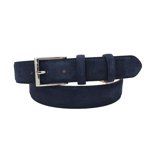 Cintura Uomo 3,5 cm in Pelle Scamosciata , fodera in pelle e fibbia anallergica - Blu