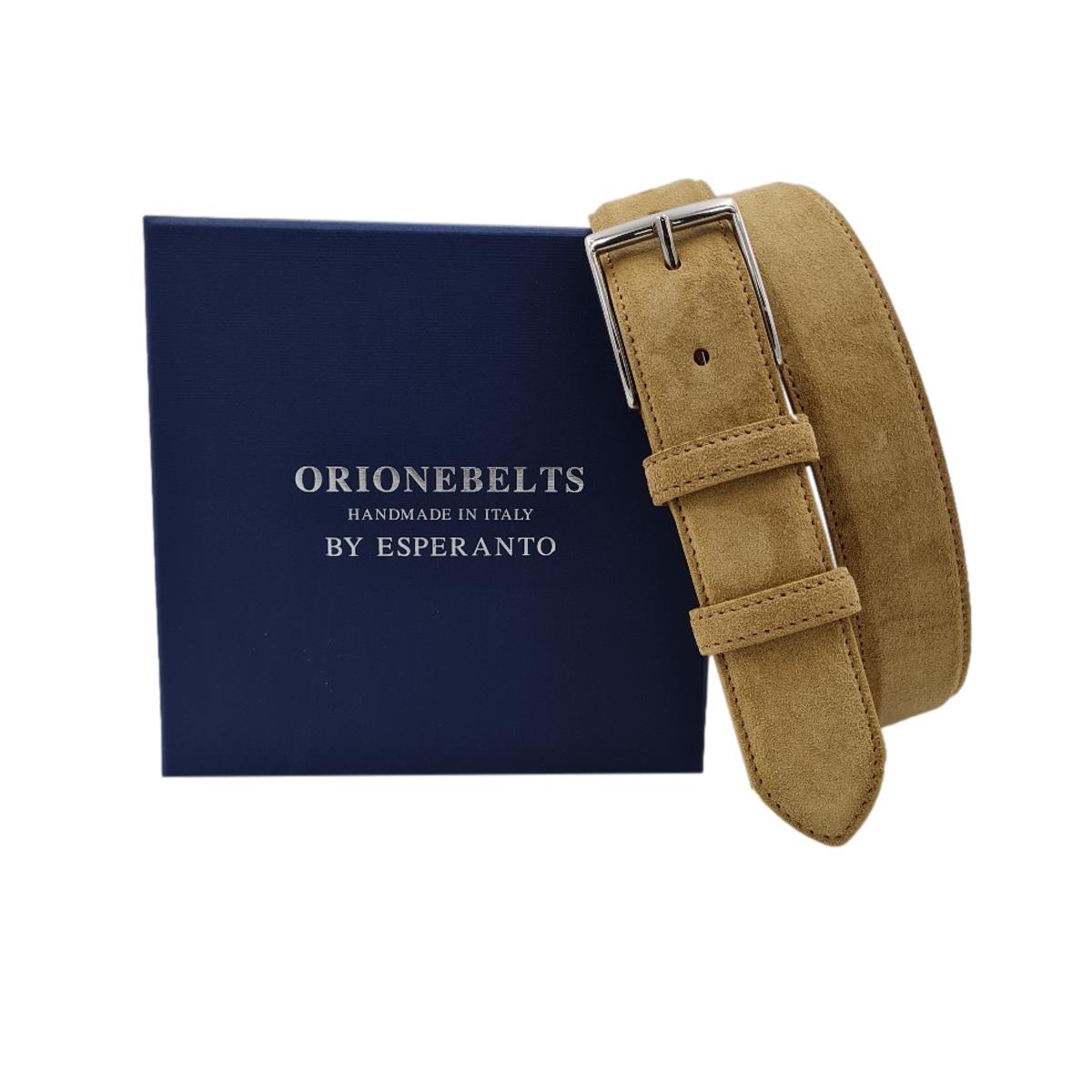 Cintura Uomo 3,5 cm in Pelle Scamosciata , fodera in pelle e fibbia anallergica - Camel
