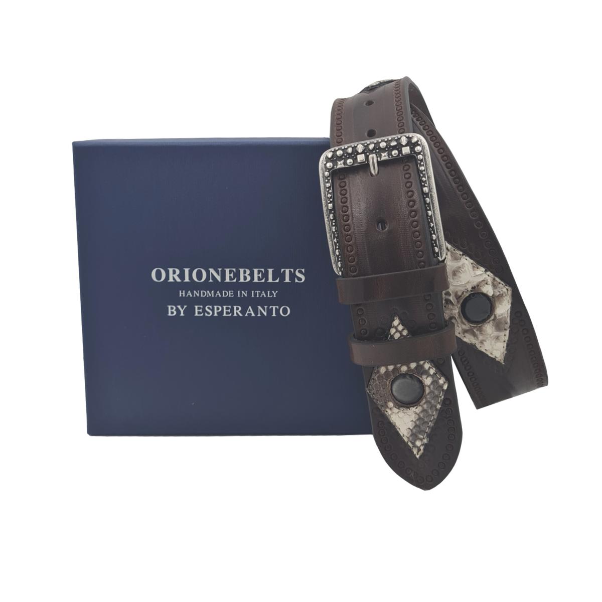 Cintura Marrone 4 cm in cuoio intarsiato a mano con rombi in vero pitone e borchie metalliche