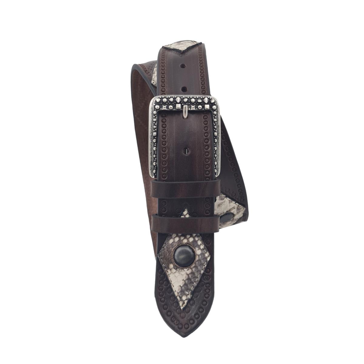 Cintura Marrone 4 cm in cuoio intarsiato a mano con rombi in vero pitone e borchie metalliche