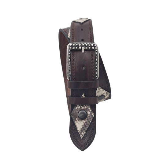 Cintura Marrone 4 cm in cuoio intarsiato a mano con rombi in vero pitone e borchie metalliche