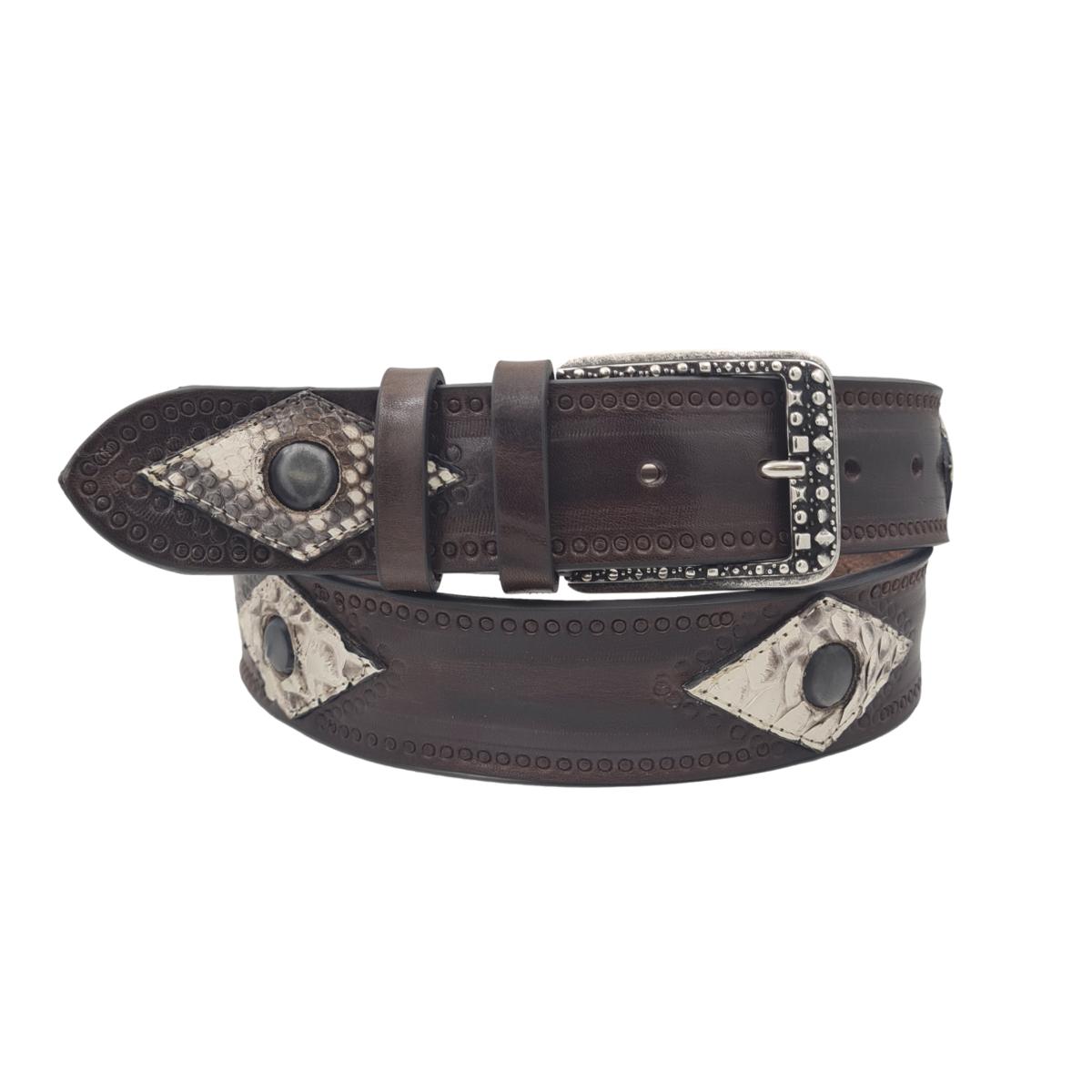 Cintura Marrone 4 cm in cuoio intarsiato a mano con rombi in vero pitone e borchie metalliche