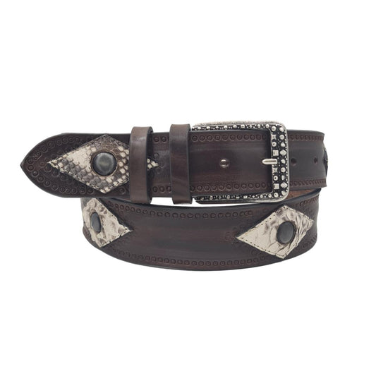 Cintura Marrone 4 cm in cuoio intarsiato a mano con rombi in vero pitone e borchie metalliche