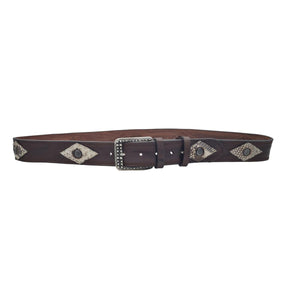 Cintura Marrone 4 cm in cuoio intarsiato a mano con rombi in vero pitone e borchie metalliche