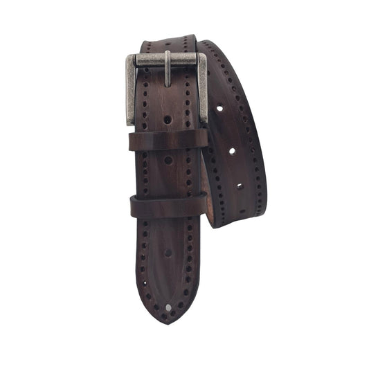 Cintura 4 cm in cuoio Moro traforato con fibbia Vintage scura e fori multipli