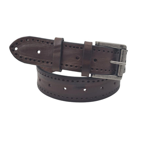 Cintura 4 cm in cuoio Moro traforato con fibbia Vintage scura e fori multipli