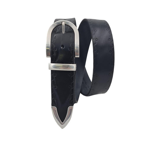 Cintura 3,5 cm in cuoio Nero con Passante e puntale metallici con fantasie tribali