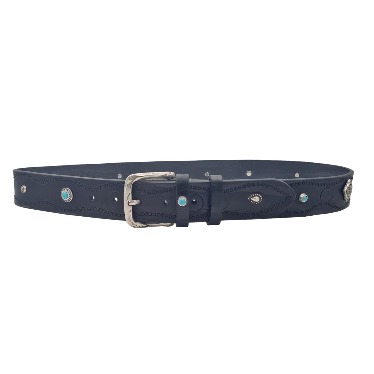 Cintura 4 cm in cuoio Nero lavorato a mano e intarsiato da borchie metalliche celeste e argento