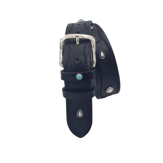 Cintura 4 cm in cuoio Nero lavorato a mano e intarsiato da borchie metalliche celeste e argento