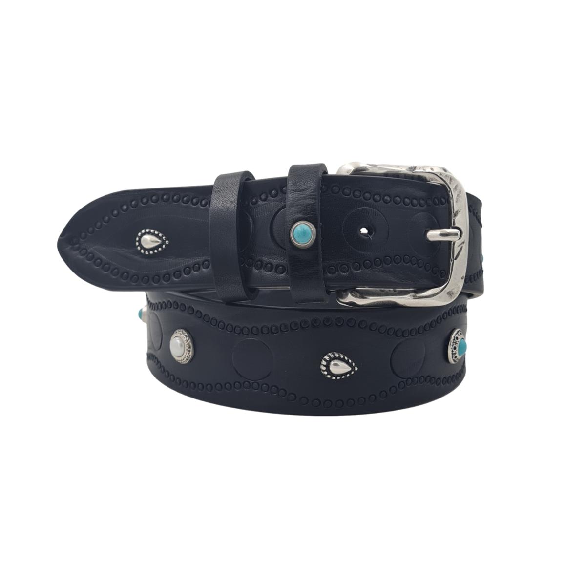 Cintura 4 cm in cuoio Nero lavorato a mano e intarsiato da borchie metalliche celeste e argento