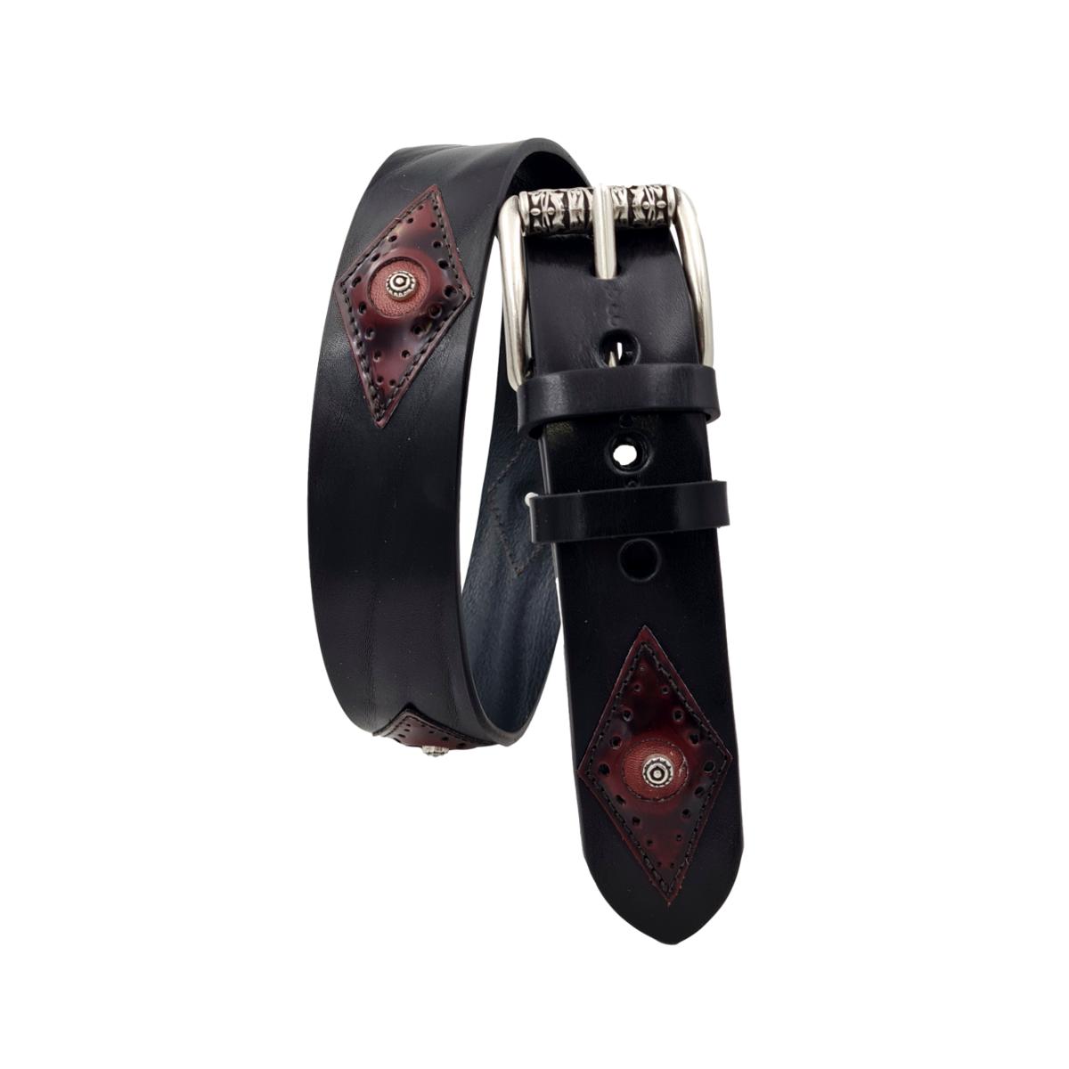 Cintura 4 cm in vero cuoio nero bottalato con inserti anticati lavorati e borchie metalliche