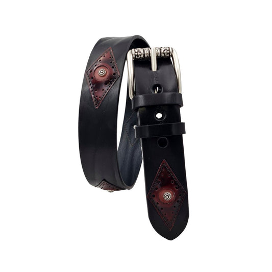 Cintura 4 cm in vero cuoio nero bottalato con inserti anticati lavorati e borchie metalliche