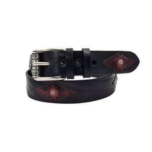 Cintura 4 cm in vero cuoio nero bottalato con inserti anticati lavorati e borchie metalliche