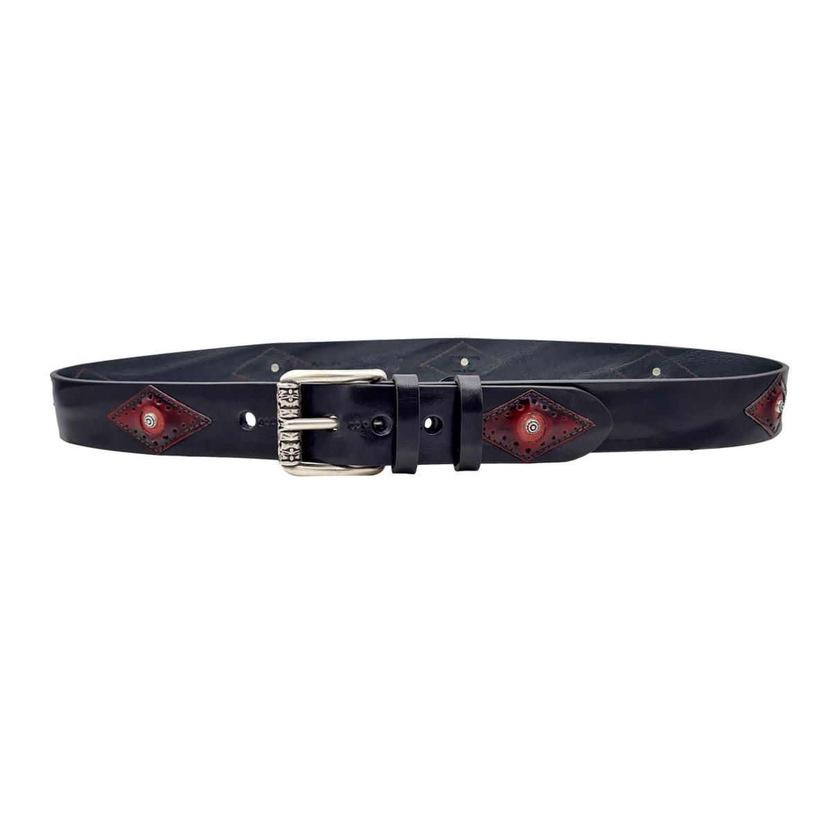 Cintura 4 cm in vero cuoio nero bottalato con inserti anticati lavorati e borchie metalliche