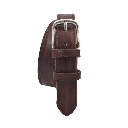 Cintura 3,5 cm in vero cuoio Cognac ricamato con fibbia in vero ottone cucita a mano