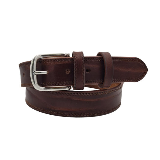 Cintura 3,5 cm in vero cuoio Cognac ricamato con fibbia in vero ottone cucita a mano